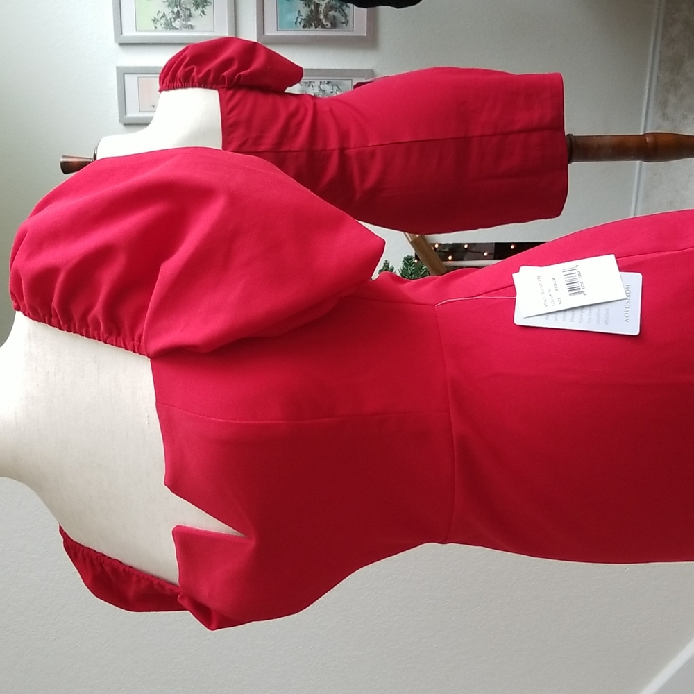 Red Mini Dress with Puff Sleeves & V Wire Neckline - NWT - Picture 6 of 16